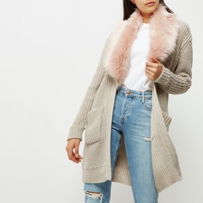 Beige faux fur trim cardigan